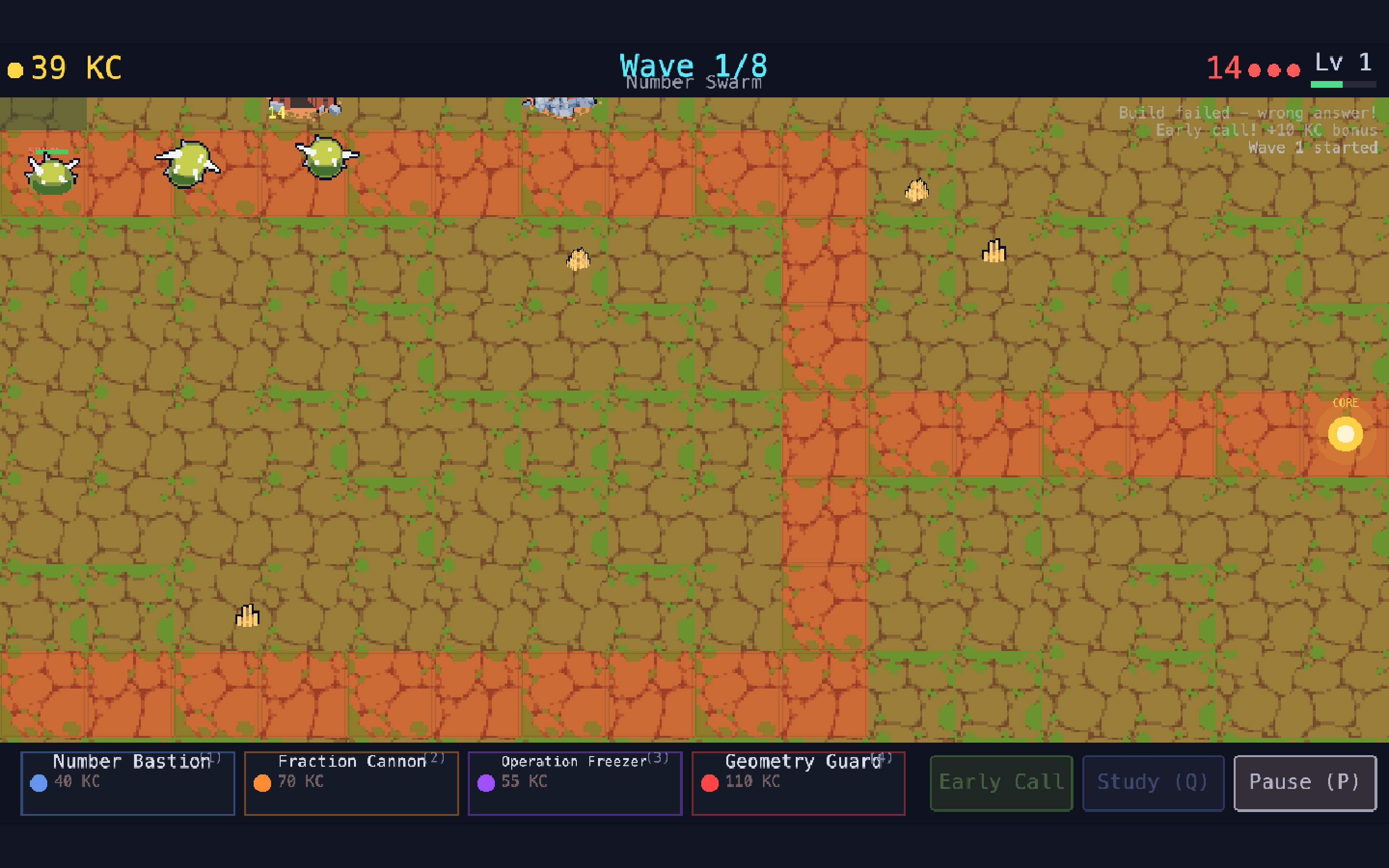 Concept Cascade tower defense in action: towers, enemies, and combat mid-wave