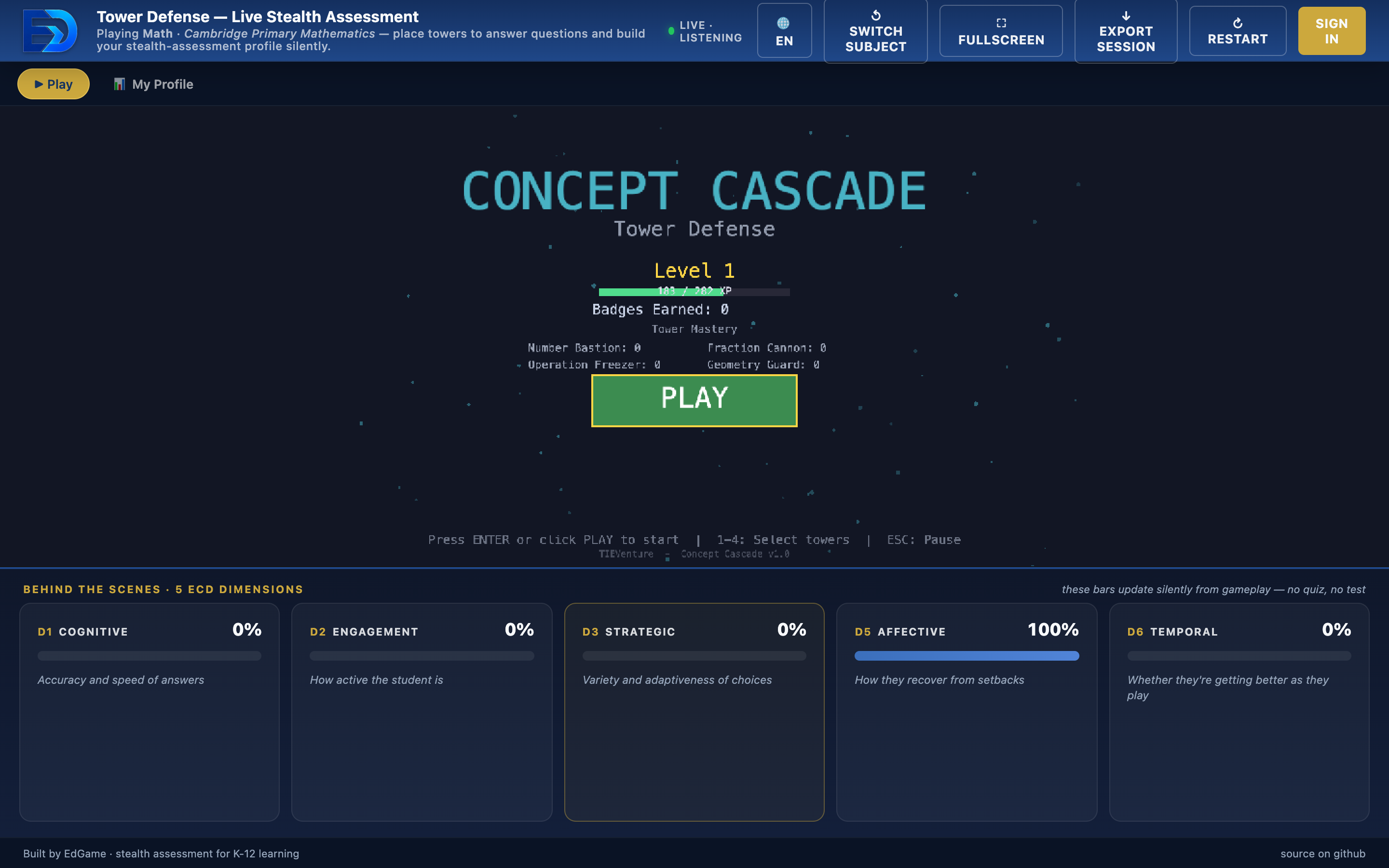 EdGame in play: tower-defense game with the live stealth-assessment dimensions updating alongside